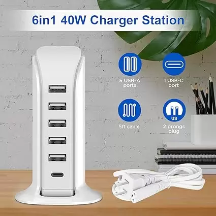 Charging Station for Multiple Devices 40W Upoy, Wall Charger Block 5 USB Ports(Shared 6A), USB Charging Hub Smart IC, Charger Tower with Type-C 3A for iPhone iPad Tablets Smartphones, Home Office Use - Image 2