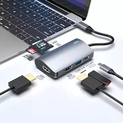USB C Hub, 6 in 1 USB C to 2 HDTV Splitter, 5Gbps USB 3.0 Data Port, USB C Adapter with 4K HDTV Port, PD 100W Charging, SD TF Card Reader, for iPad Pro MacBook Pro Laptops