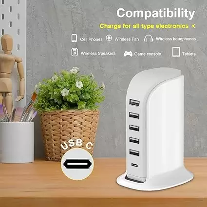 Charging Station for Multiple Devices 40W Upoy, Wall Charger Block 5 USB Ports(Shared 6A), USB Charging Hub Smart IC, Charger Tower with Type-C 3A for iPhone iPad Tablets Smartphones, Home Office Use - Image 3