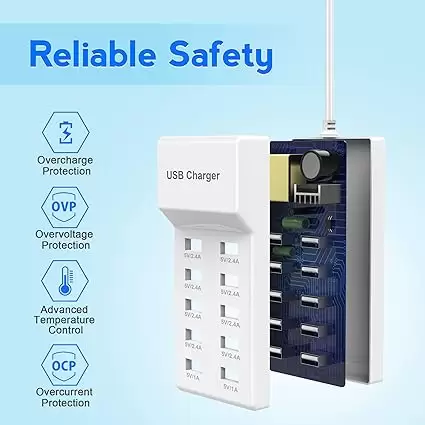 USB Charger USB Wall Charger with Rapid Charging Auto Detect Technology Safety Guaranteed 10-Port Family-Sized Smart USB Ports for Multiple Devices Smart Phone Tablet Laptop Computer - Image 3