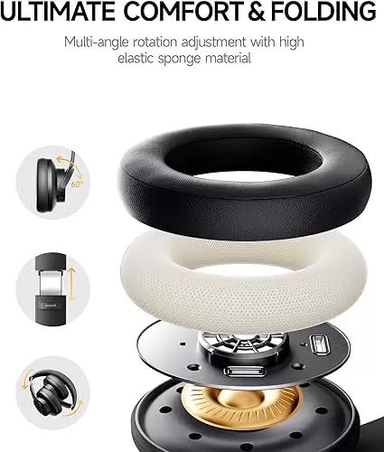 Picun B8 Bluetooth Headphones, 120H Playtime Headphones Wireless Bluetooth with 3 EQ Modes, Low Latency, Hands-Free Calls, Over Ear Headphones for Travel Home Office Cellphone PC Black - Image 3