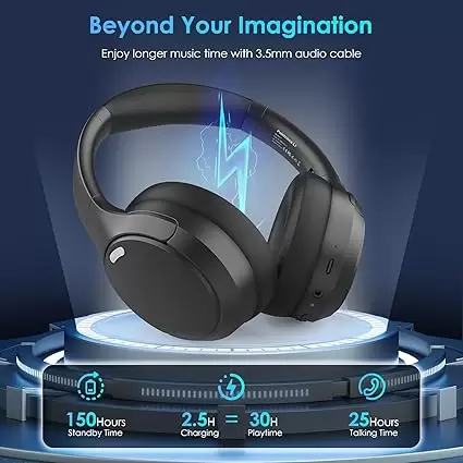 Bluetooth Headphones, Wireless Over Ear Headphones with HiFi Stereo Microphone, Foldable Lightweight On Ear 5.4 Headphones with Deep Bass for Cellphone/Travel/Office/Home(Black) - Image 2