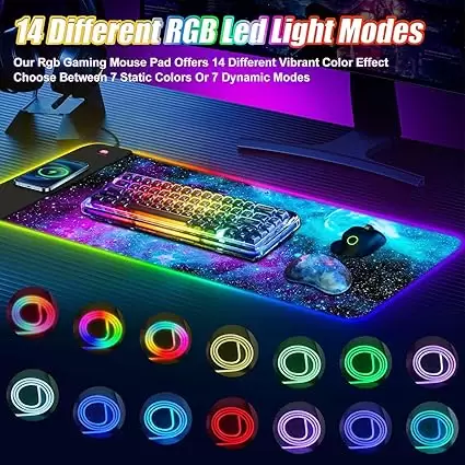 ToLuLu Wireless Charging RGB Gaming Mouse Pad, 15W LED Mouse Mat with 30W Charger, 14 Light Modes Large Mousepad with Wrist Support, Non-Slip Rubber Base Desk Mat Computer Keyboard Pad, Galaxy Nebula - Image 3