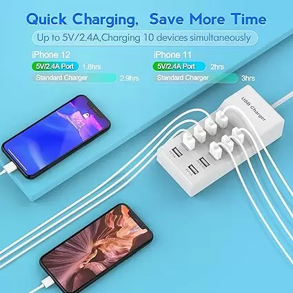 USB Charger USB Wall Charger with Rapid Charging Auto Detect Technology Safety Guaranteed 10-Port Family-Sized Smart USB Ports for Multiple Devices Smart Phone Tablet Laptop Computer - Image 4