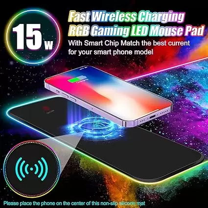 ToLuLu Wireless Charging RGB Gaming Mouse Pad, 15W LED Mouse Mat with 30W Charger, 14 Light Modes Large Mousepad with Wrist Support, Non-Slip Rubber Base Desk Mat Computer Keyboard Pad, Galaxy Nebula - Image 4